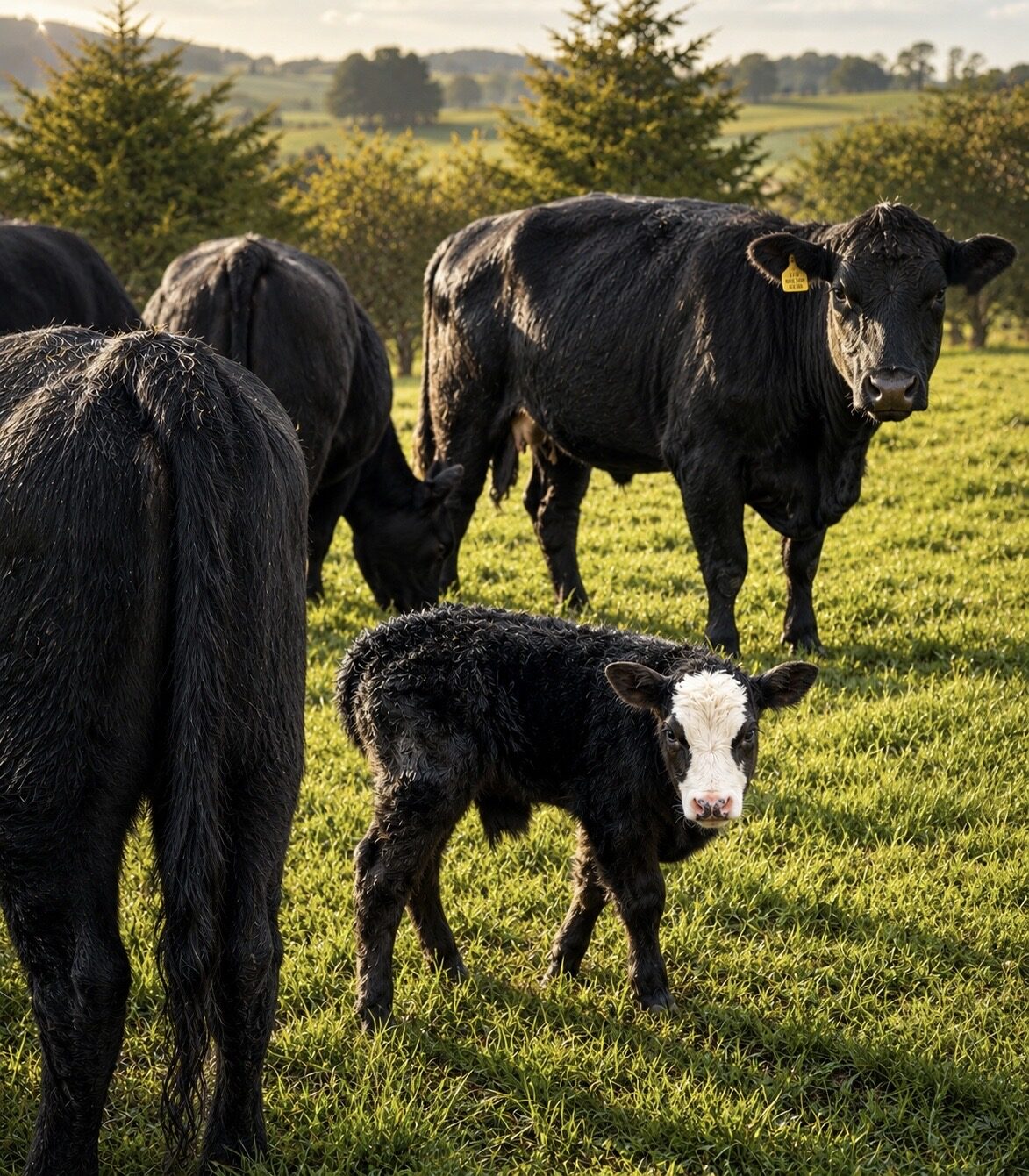 Angus cattle herd with a calf grazing on pasture at C&J Hahn Farms in Augusta County, Virginia